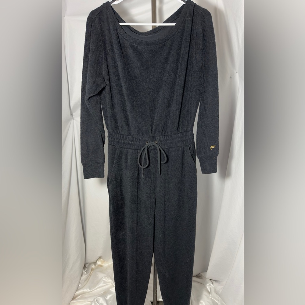 Black Terrycloth Lounge Jumpsuit Women’s Spa One Piece Soft Terry Rib Loungewear